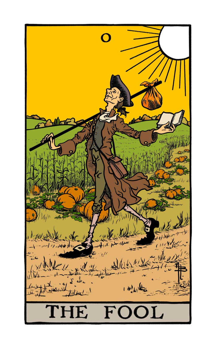 Illustration from The Legend of Sleepy Hollow Tarot—Headless Horseman Edition by Schiffer Publishing, Ltd.: A cheerful figure walks through a pumpkin field with a stick, bag, and white rose under the sun.