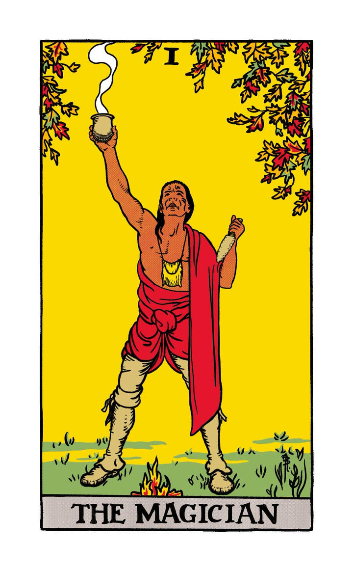 The Legend of Sleepy Hollow Tarot—Headless Horseman Edition by Schiffer Publishing, Ltd. features The Magician, a figure in red and white robes with a wand, standing amidst green foliage against a yellow backdrop.