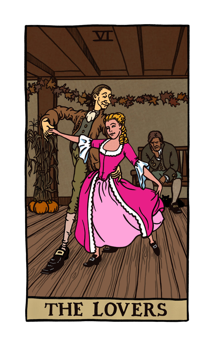 An illustration from The Legend of Sleepy Hollow Tarot—Headless Horseman Edition by Schiffer Publishing, Ltd. features “The Lovers” card: a couple dances in period attire as an older man looks on, amid autumn decor and a pumpkin.