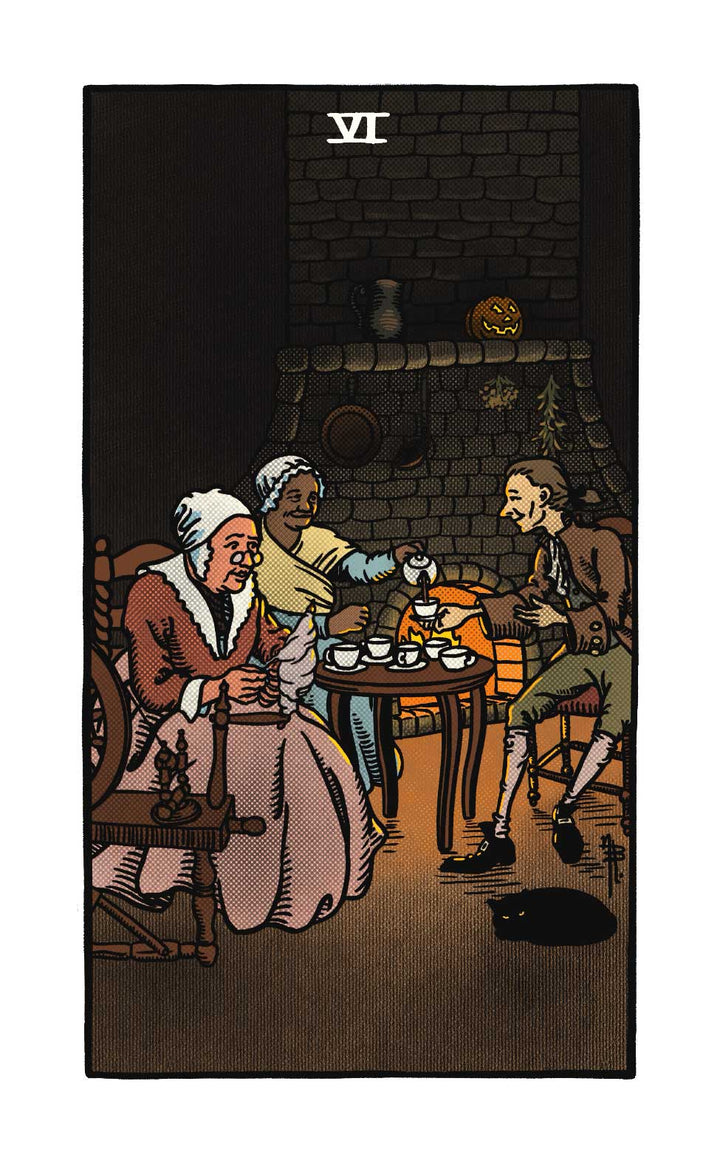 Three people share tea and food in a cozy room by a brick fireplace, with a black cat and jack-o’-lantern nearby—a scene from The Legend of Sleepy Hollow Tarot—Headless Horseman Edition by Schiffer Publishing, Ltd. The Roman numeral VI tops the card.
