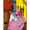 The Legend of Sleepy Hollow Tarot—Headless Horseman Edition by Schiffer Publishing, Ltd. features a Queen of Pentacles card with a woman sewing in a pink dress, cozy room, brick fireplace, blue curtains, and a pumpkin on the mantle.