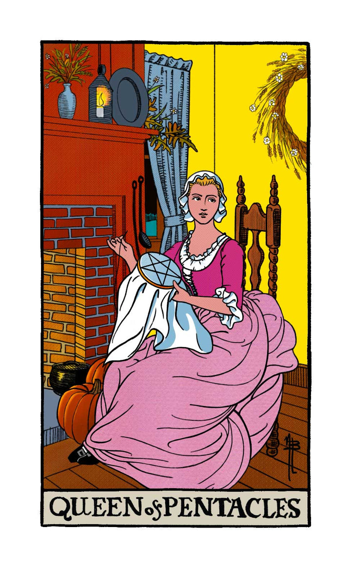 The Legend of Sleepy Hollow Tarot—Headless Horseman Edition by Schiffer Publishing, Ltd. features a Queen of Pentacles card with a woman sewing in a pink dress, cozy room, brick fireplace, blue curtains, and a pumpkin on the mantle.