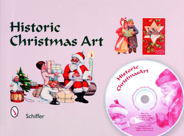 A book cover titled Historic Christmas Art features vintage illustrations of Santa Claus with children, wrapped gifts, and a small Christmas card. A pink CD labeled Historic Christmas Art is displayed in the bottom right corner.