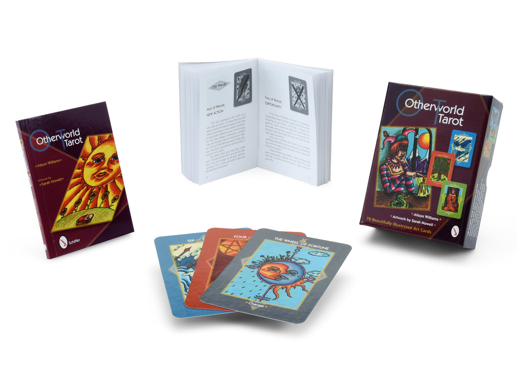 The Otherworld Tarot set is shown, including the box, a Tarot reading guide, and several vividly illustrated cards with abstract, colorful artwork.