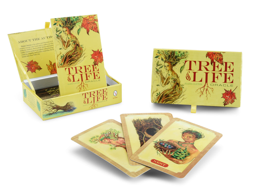 The Tree of Life Oracle by Schiffer Publishing, Ltd. features an illustrated box, guidebook, and three nature-themed cards: a tree, a nest, and a woman with leaves in her hair.