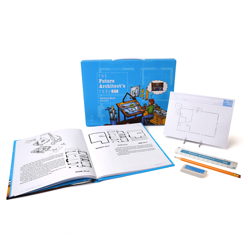 The Future Architect's Tool Kit by Schiffer Publishing, Ltd. features an open guide, closed blue case, grid paper with house floor plan, pencil, ruler, and template—perfect for aspiring young architects.