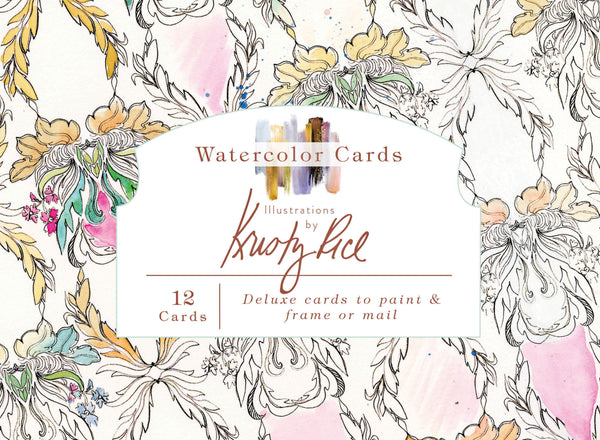 Box label for watercolor cards, featuring floral line art with touches of pastel watercolor. Text reads “Watercolor Cards, Illustrations by Kwozlee, 12 Cards, Deluxe cards to paint & frame or mail.”.