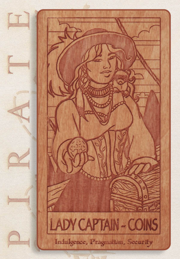 The Pirate Tarot card by Schiffer Publishing, Ltd. features a woman pirate captain with a coin and parrot by a treasure chest. Text: “Lady Captain - Coins: Indulgence, Pragmatism, Security.” A standout addition to any tarot deck.