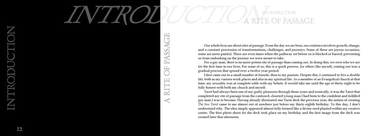 A spread from The Son Tarot by Schiffer Publishing, Ltd. displays a black left page with large, faded INTRODUCTION and a vertical 12; the white right page echoes gay tarot and masculine spirituality, titled INTRODUCTION: A RITE OF PASSAGE in justified text.