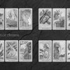 A grayscale illustration of twelve Wands cards from the Dream Raven Tarot by Schiffer Publishing, Ltd., features fantasy dragon motifs in two rows, with "Minor Arcana" and "WANDS" inscribed in a mystical style.