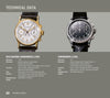 Two luxury watches from "Patek Philippe® Highlights" by Schiffer Publishing, Ltd. are shown: Calatrava with gold case and white dial (left), and a Nautilus-inspired piece with silver case and black dial (right). See details and prices below.