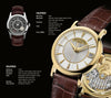 The Patek Philippe® Highlights book by Schiffer Publishing, Ltd. details two luxury Calatrava watches—one with a black dial and brown leather strap, the other featuring a gold case, silver dial, and brown strap—each with full specifications.