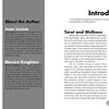 Two pages from "The Healing Tarot" by Schiffer Publishing, Ltd. Left page: chapters and bios for Juno Lucina and Monica Knighton. Right page: intro with a Joseph Campbell quote and a section on tarot and holistic healing for wellness readings. Black text on light.