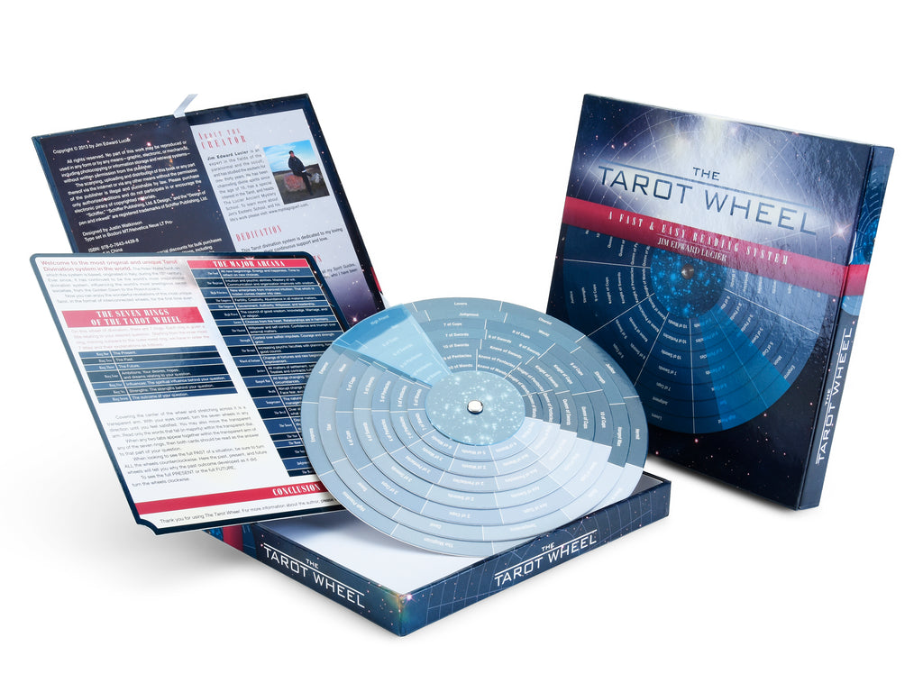 The Tarot Wheel by Schiffer Publishing, Ltd. features a blue cosmic-themed box, a circular tarot reference wheel for easy readings, and an instruction booklet—all inspired by the Rider Waite Tarot.