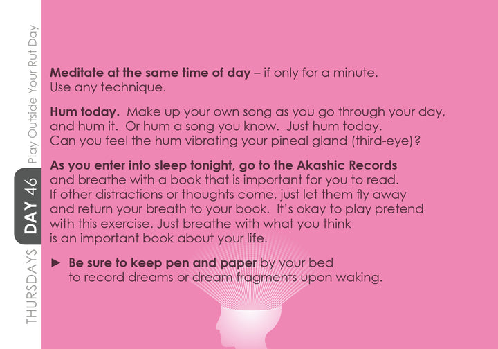 A pink graphic for DAY 46 of Schiffer Publishing, Ltd.'s "Build Your Psychic Skills" suggests daily meditation, creating a personal song, connecting to the Akashic Records, and journaling dreams to strengthen your psychic abilities.
