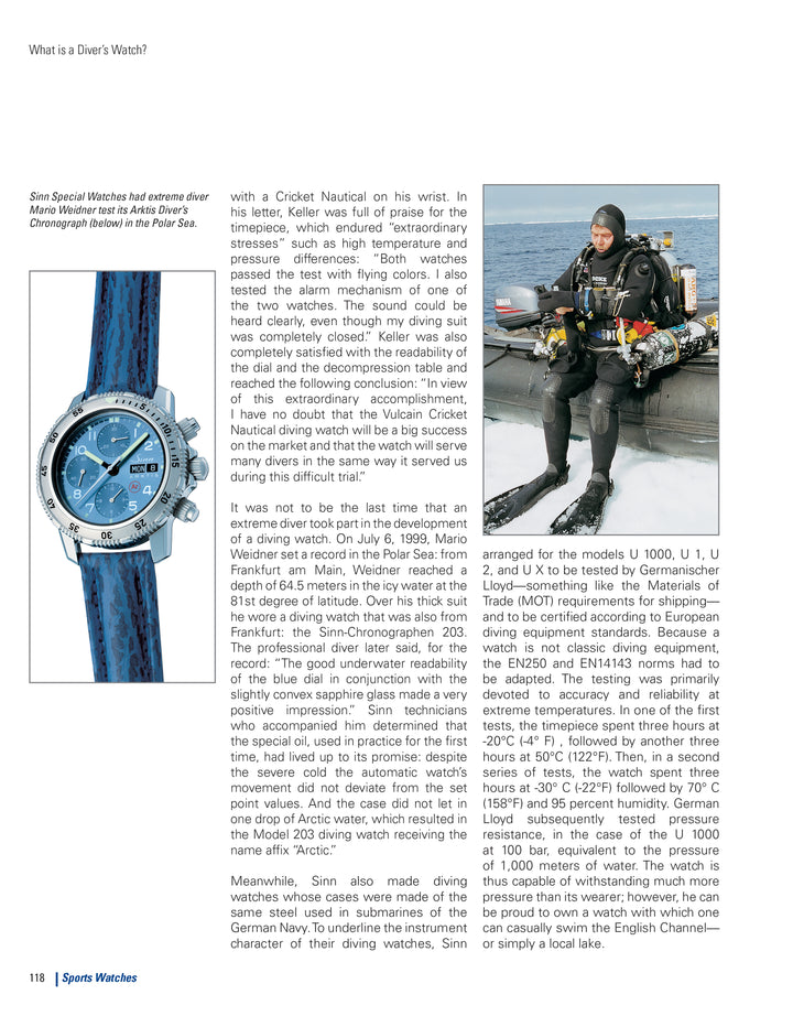 A magazine page shows a blue Sports Watch by Schiffer Publishing, Ltd. on the left and, on the right, a diver underwater wearing diving gear and a watch. The page is filled with text about diver’s watches.