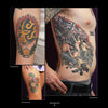 Tattoo Road Trip by Schiffer Publishing, Ltd. highlights New Mexico tattoo art, featuring designs like a flaming masked face with leaves and an orb, a vibrant floral leg clock, and an intricate samurai scene—true artistry.