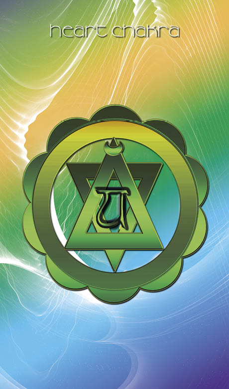 A central geometric design forms a green heart chakra symbol on a swirling green, blue, and yellow background. "Heart chakra" appears at the top in white. From Healing Light and Angel Cards by Schiffer Publishing, Ltd.—ideal for energy work.