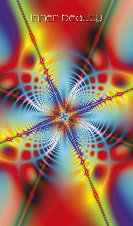 A vibrant, abstract digital artwork with swirling lines and vivid colors—red, blue, yellow, and green—evoking chakra healing features "inner beauty" at the top. Product: Healing Light and Angel Cards by Schiffer Publishing, Ltd.