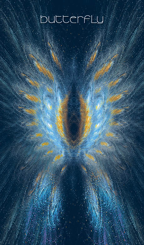 Abstract digital art features vibrant blue and orange glowing wings radiating energy on a dark background. "Healing Light and Angel Cards" by Schiffer Publishing, Ltd. is displayed in a futuristic font, evoking a cosmic, energetic atmosphere.