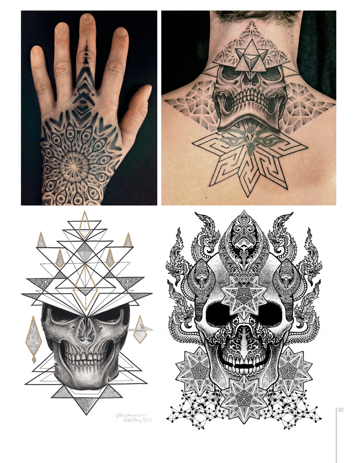 A collage from "TattooIsMe 2" by Schiffer Publishing, Ltd. features a mandala hand tattoo, a geometric skull neck tattoo, and two black and white skull illustrations—ideal inspiration for tattoo artists or artbooks.