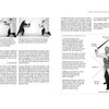 The Sword Fighting 2 book by Schiffer Publishing, Ltd. displays a two-page spread with black-and-white medieval combat stances on the left and an illustrated swordsman diagram with buckler fighting terms and descriptive text on the right.