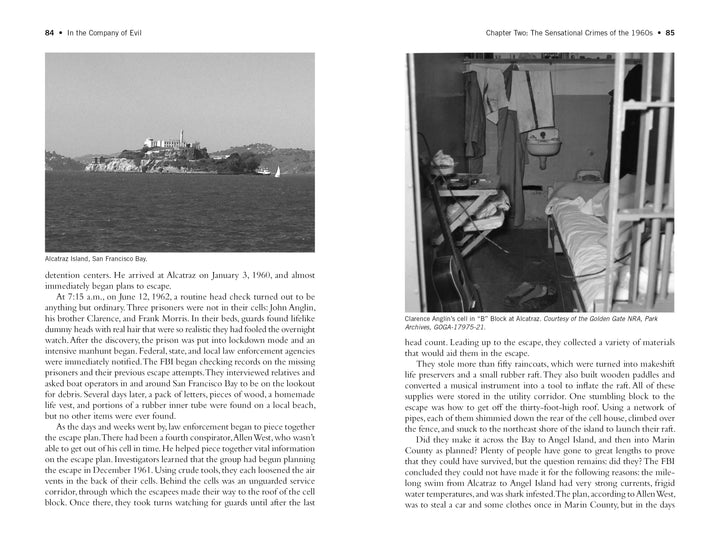 Left: Black-and-white photo of Alcatraz Island, tied to California crime history. Right: Photo of a prison cell. Both featured in "In the Company of Evil—Thirty Years of California Crime, 1950–1980" by Schiffer Publishing, Ltd.
