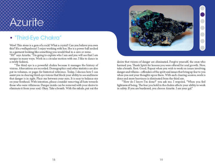 A vibrant azurite specimen with deep blue and green hues sits on a white surface in the top right corner above text about Carry Me Crystals—Chakra Clearing & Oracle Card Deck by Schiffer Publishing, Ltd. and its chakra clearing uses and inspiration for oracle cards.