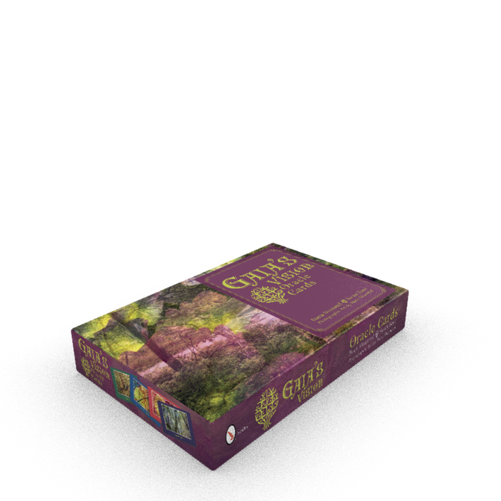A purple box titled Gaia's Vision Oracle Cards by Schiffer Publishing, Ltd. features forest art and a gold tree design, with nature photography art cards shown on the sides—perfect for intuitive inspiration.