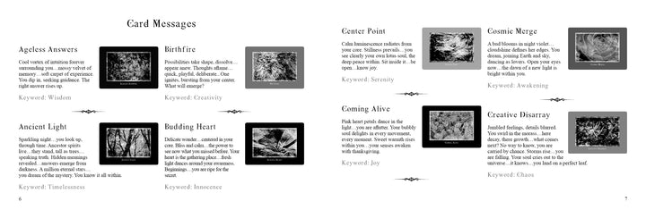 Pages 6–7 of Gaia's Vision Oracle Cards by Schiffer Publishing, Ltd. display eight boxed “Card Messages” with a title, description, B&W abstract art, and keywords like “Wisdom” and “Creativity,” inspired by intuition and Gaia oracle traditions.