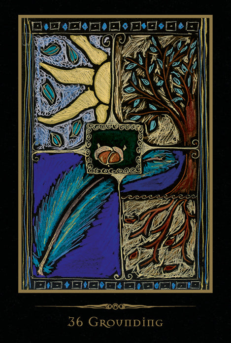 A vibrant image from the Shamanic Healing Oracle Cards by Schiffer Publishing, Ltd.: four sections—yellow sun (top left), brown tree with blue leaves (top right), blue feather (bottom left), red roots (bottom right), two stones center. Text: 36 Grounding.