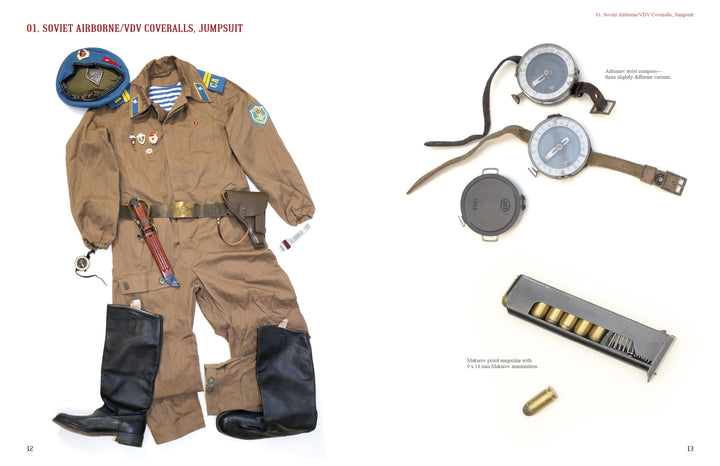 Displayed on a white background are items from "Soviet and Mujahideen Uniforms, Clothing, and Equipment in the Soviet-Afghan War, 1979-1989" by Schiffer Publishing, Ltd., including a Soviet VDV brown coverall with accessories and gear.