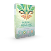 The Herbal Healing Deck box by Schiffer Publishing, Ltd. displays an illustrated moth with leafy wings, evoking herbal medicine themes, and four small circular icons at the bottom on a light green background.