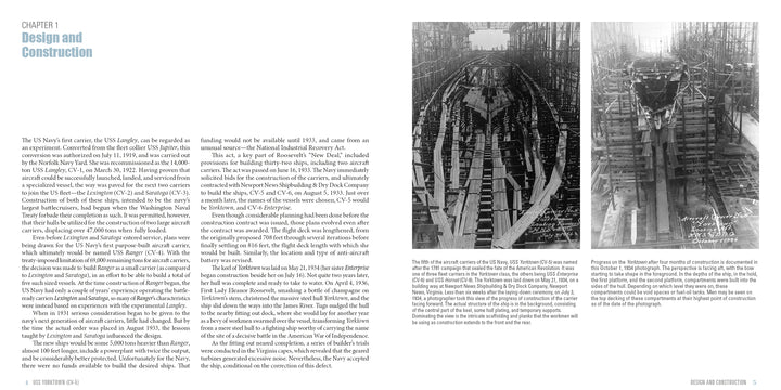A two-page spread titled "Chapter 1: Design and Construction" in Schiffer Publishing, Ltd.'s USS Yorktown (CV-5) book includes detailed text on the carrier's design plus two black-and-white shipyard photos showing scaffolding and beams.