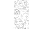 Black and white floral line art, featuring detailed roses, leaves, and flowers, covers the right half of the image, inspired by "Kristy's Spring Cutting Garden" from Schiffer Publishing, Ltd.; the left half is blank with a white background.