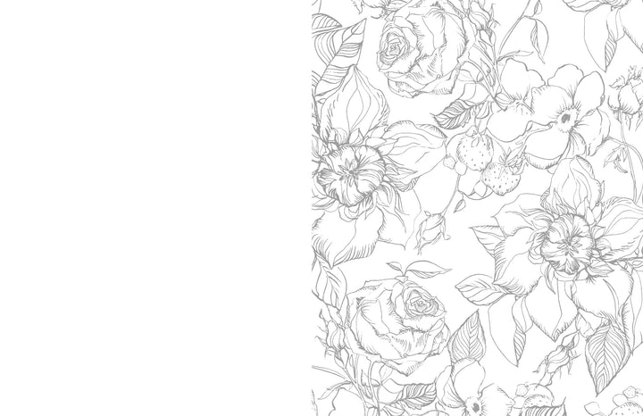 Black and white floral line art, featuring detailed roses, leaves, and flowers, covers the right half of the image, inspired by "Kristy's Spring Cutting Garden" from Schiffer Publishing, Ltd.; the left half is blank with a white background.