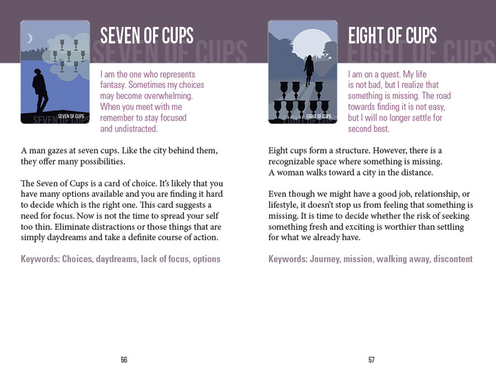The Spirit Within Tarot by Schiffer Publishing, Ltd. features concise meanings and illustrations—Seven of Cups explores choices and dreams, while Eight of Cups represents journeys and moving on in this modern, inclusive tarot deck.