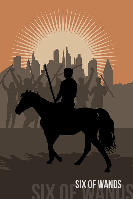 A silhouetted figure on horseback raises a wand before a cheering crowd and city skyline. Rays of light shine as "Six of Wands" appears below—an uplifting card from the Spirit within Tarot by Schiffer Publishing, Ltd.