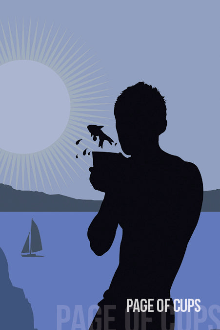A silhouetted figure holds a cup with a jumping fish against a blue backdrop of sunburst, mountains, and sailboat. "Page of Cups" appears on this inclusive card from the Spirit Within Tarot by Schiffer Publishing, Ltd.