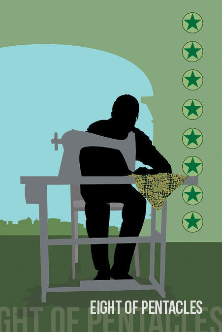 A silhouette sews yellow fabric at a machine with eight green pentacles beside them. "Eight of Pentacles" is written below—an expressive card from the Spirit within Tarot by Schiffer Publishing, Ltd.
