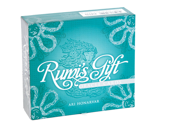 A teal box of Rumi's Gift Oracle Cards by Schiffer Publishing, Ltd., with ornate white designs and a flowing-haired face on the front—a beautiful meditation set inspired by poetic wisdom.