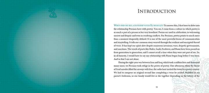 A book spread from Schiffer Publishing, Ltd.’s Rumi's Gift Oracle Cards shows a teal left page and a cream right page titled Introduction with several paragraphs, mirroring the card set's thoughtful design; a subtle motif decorates the lower right corner.