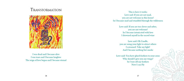 Two pages from Schiffer Publishing, Ltd.’s "Rumi's Gift Oracle Cards" feature vibrant art of a figure with a tiger and poetry on love, madness, and transformation. Text appears in black on white backgrounds, echoing Rumi’s mystical style.