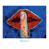 A stylized illustration of red lips with a finger signaling silence on blue, with "Silence" below—an ideal addition to Schiffer Publishing, Ltd.'s Rumi's Gift Oracle Cards collection.