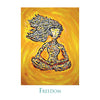 A colorful artwork from Rumi's Gift Oracle Cards by Schiffer Publishing, Ltd. shows a seated woman with flowing hair and Arabic calligraphy, set on a vibrant yellow background with the word "Freedom" below.