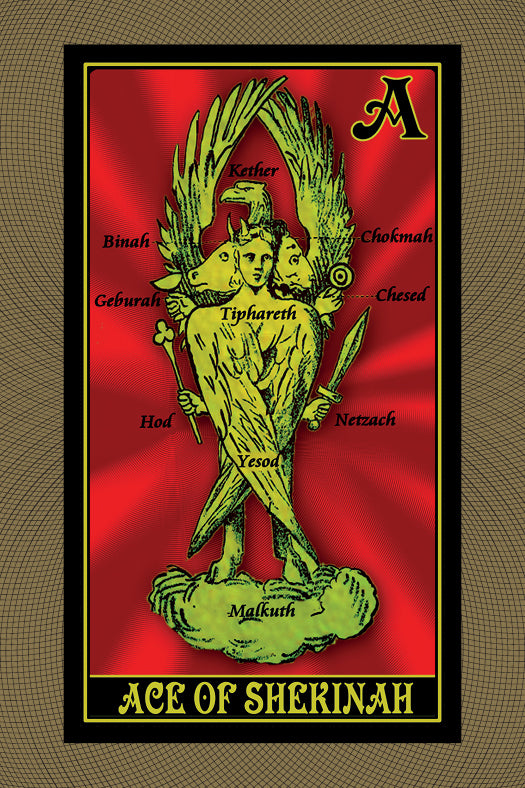 The AlcheMystic Woodcut Tarot by Schiffer Publishing, Ltd. features the Ace of Sherinah card, depicting a green, multi-faced, winged figure holding a sword and staff, with Hebrew Kabbalistic terms on its body, set against a striking red background.