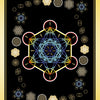 The Sacred Geometry Healing Cards by Schiffer Publishing, Ltd. include a card labeled 07, titled REBIRTH, with gold-accented geometric patterns on black. At the bottom: TRANSFORMATION • REWEAVING • REACTIVATING.