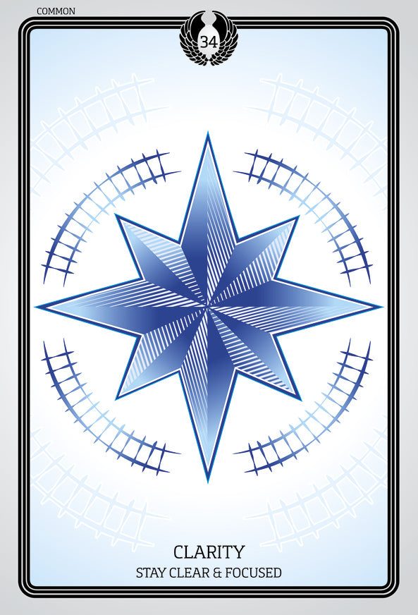 A blue eight-pointed star with geometric patterns, inspired by Sacred Geometry Healing Cards from Schiffer Publishing, Ltd., is encircled by grids. The card shows “CLARITY - STAY CLEAR & FOCUSED,” numbered 34 and marked COMMON at the top.