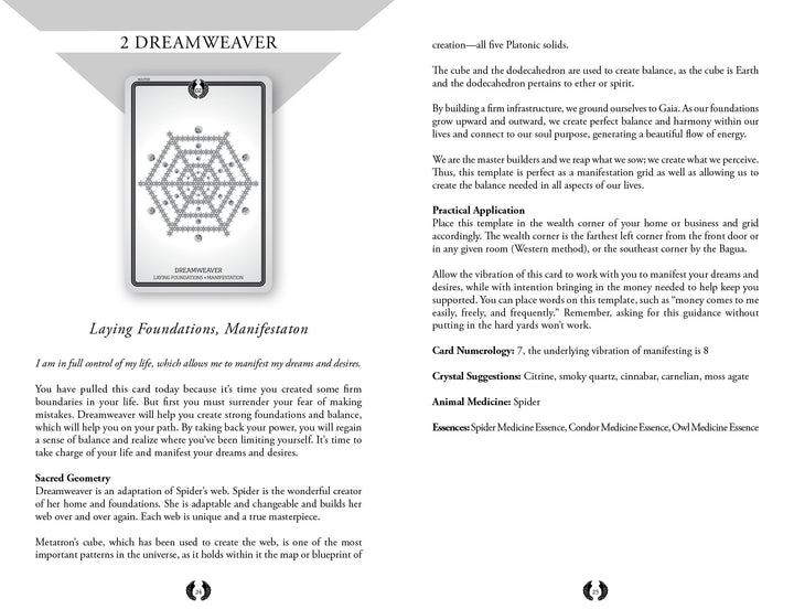 A tarot card titled 2 DREAMWEAVER from the Sacred Geometry Healing Cards by Schiffer Publishing, Ltd. appears with descriptive text, featuring a geometric web and floating orbs to symbolize interconnectedness and manifestation.