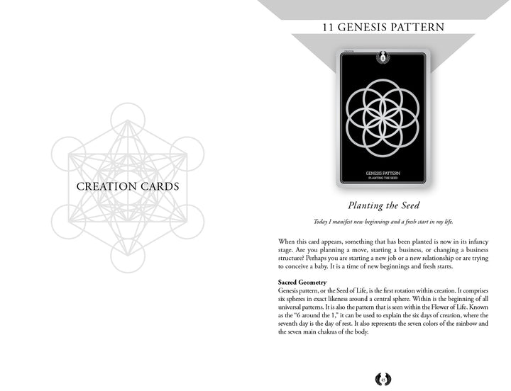 A page from the Sacred Geometry Healing Cards by Schiffer Publishing, Ltd. features the Genesis Pattern card, showcasing a geometric flower design and explaining its symbolism of new beginnings and growth in sacred geometry.